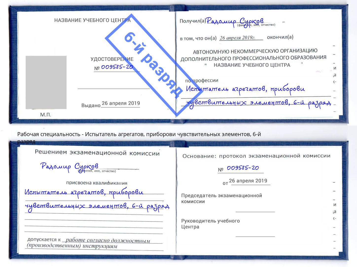 корочка 6-й разряд Испытатель агрегатов, приборови чувствительных элементов Фрязино