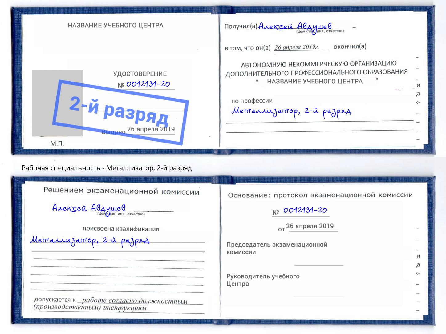 корочка 2-й разряд Металлизатор Фрязино