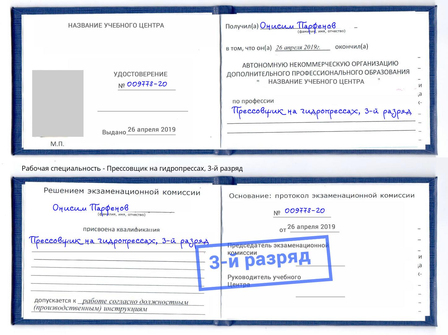 корочка 3-й разряд Прессовщик на гидропрессах Фрязино