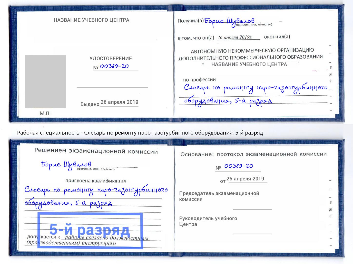 корочка 5-й разряд Слесарь по ремонту паро-газотурбинного оборудования Фрязино