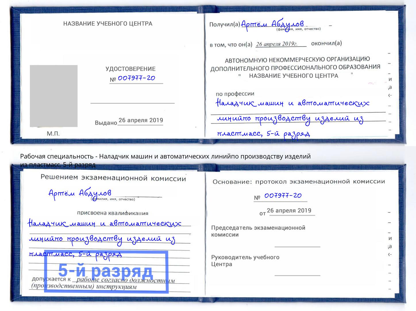 корочка 5-й разряд Наладчик машин и автоматических линийпо производству изделий из пластмасс Фрязино
