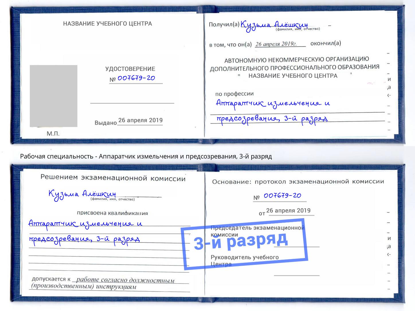 корочка 3-й разряд Аппаратчик измельчения и предсозревания Фрязино