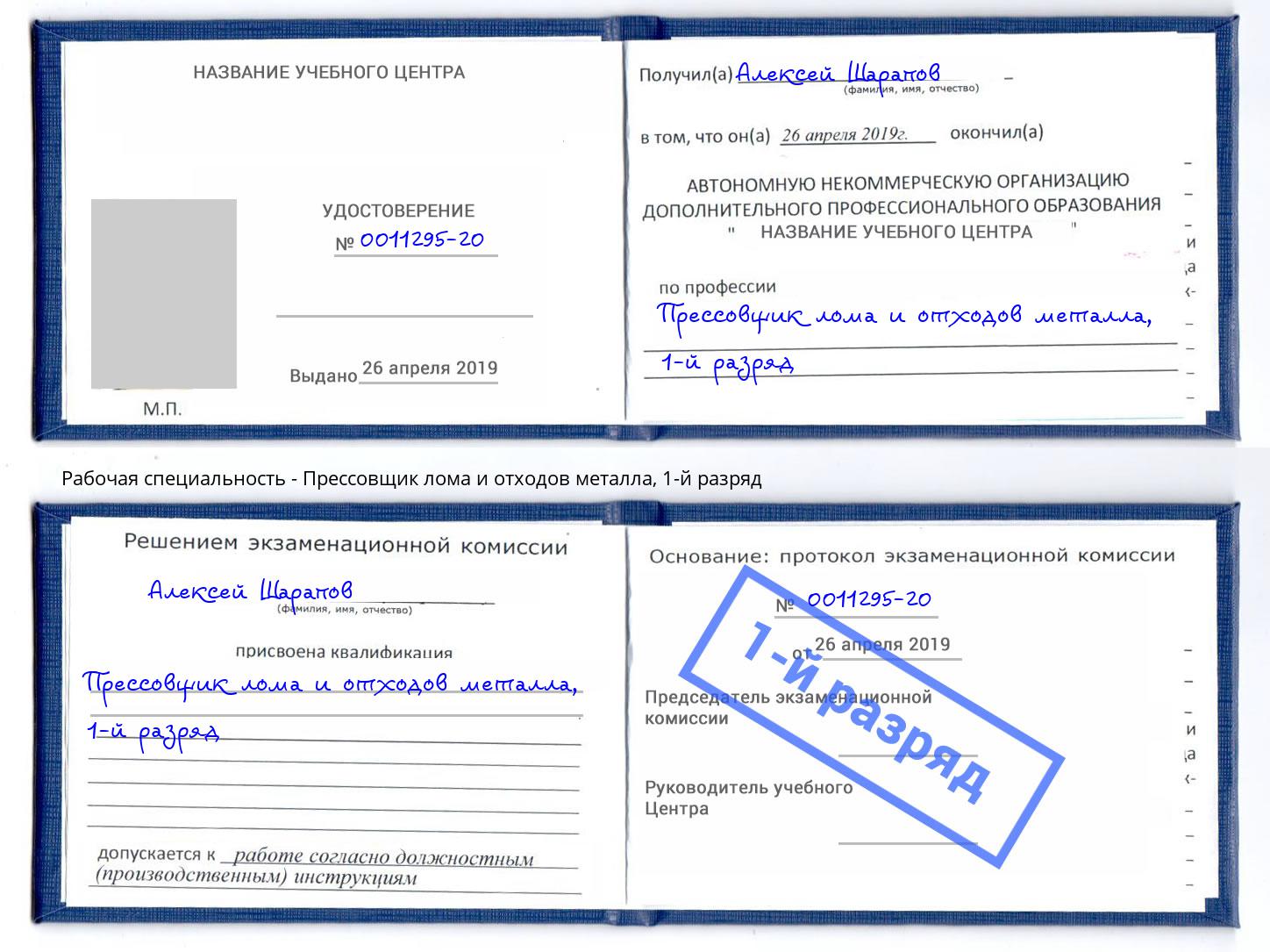 корочка 1-й разряд Прессовщик лома и отходов металла Фрязино