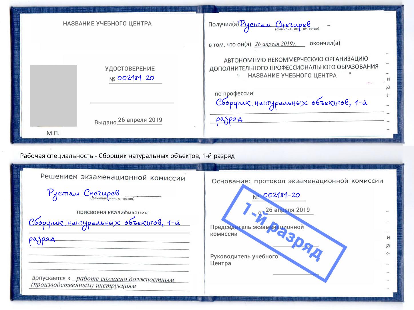 корочка 1-й разряд Сборщик натуральных объектов Фрязино