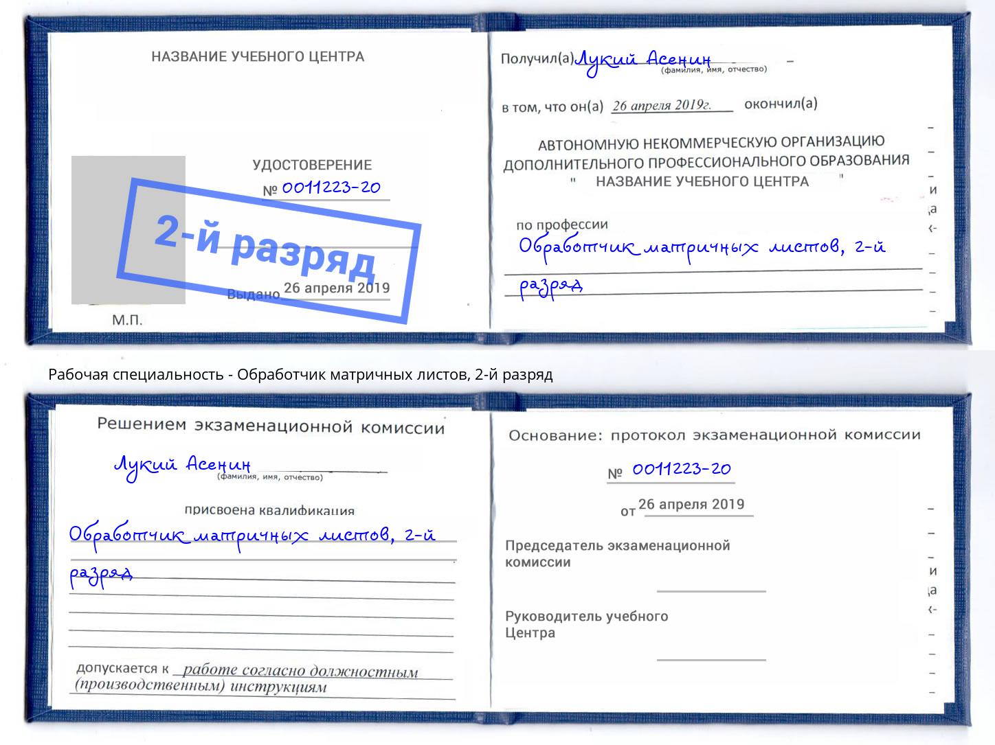 корочка 2-й разряд Обработчик матричных листов Фрязино