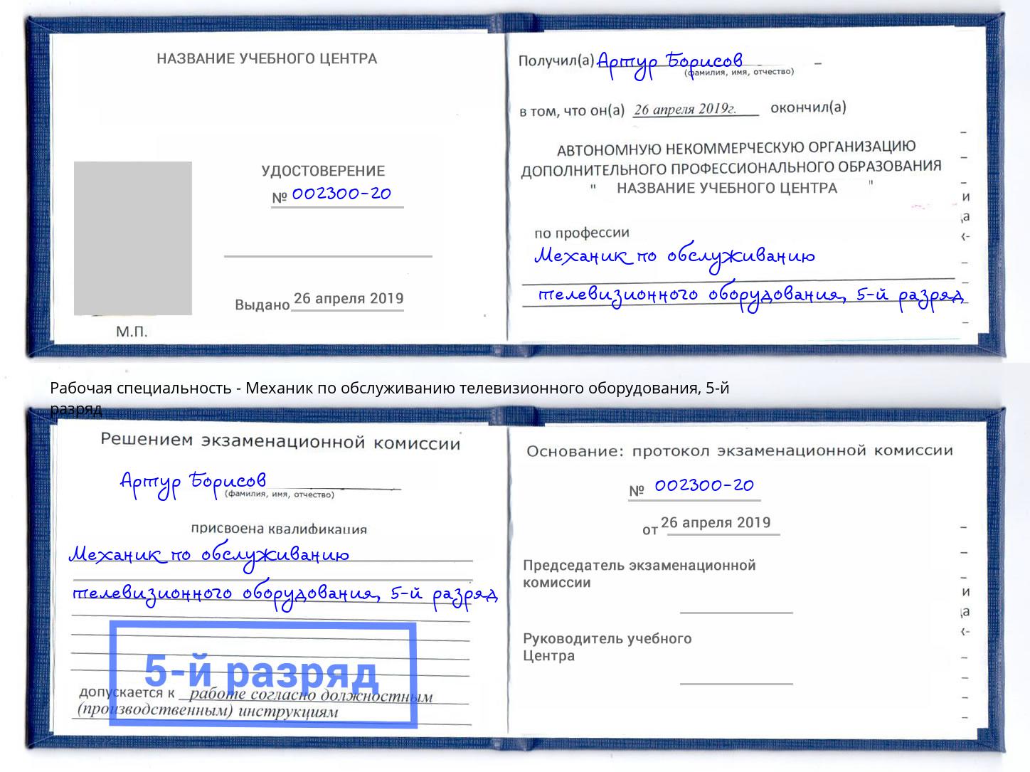 корочка 5-й разряд Механик по обслуживанию телевизионного оборудования Фрязино