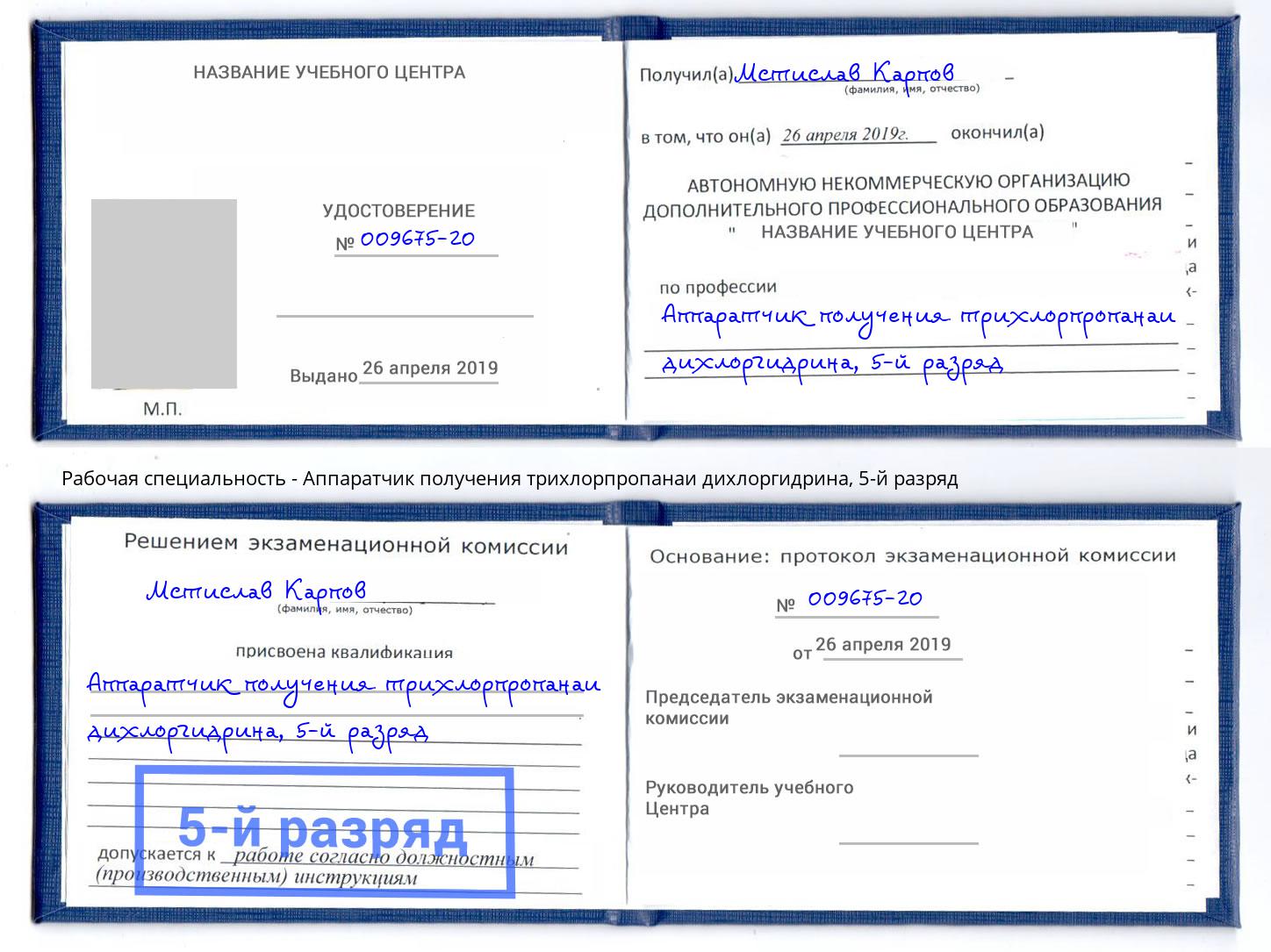 корочка 5-й разряд Аппаратчик получения трихлорпропанаи дихлоргидрина Фрязино